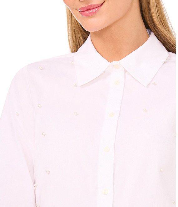 CeCe Poplin Point Collar Long Sleeve Pearl Button Down Top Product Image