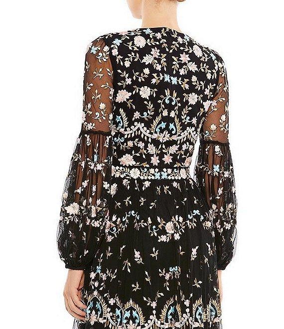 Mac Duggal Long Sheer Sleeve Crew Neck Floral Print Embroidered Tiered A-Line Gown Product Image