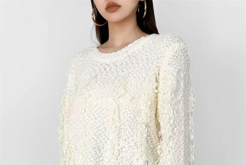 Long-Sleeve Round Neck Plain Fringed Distressed Crop Knit Top Product Image