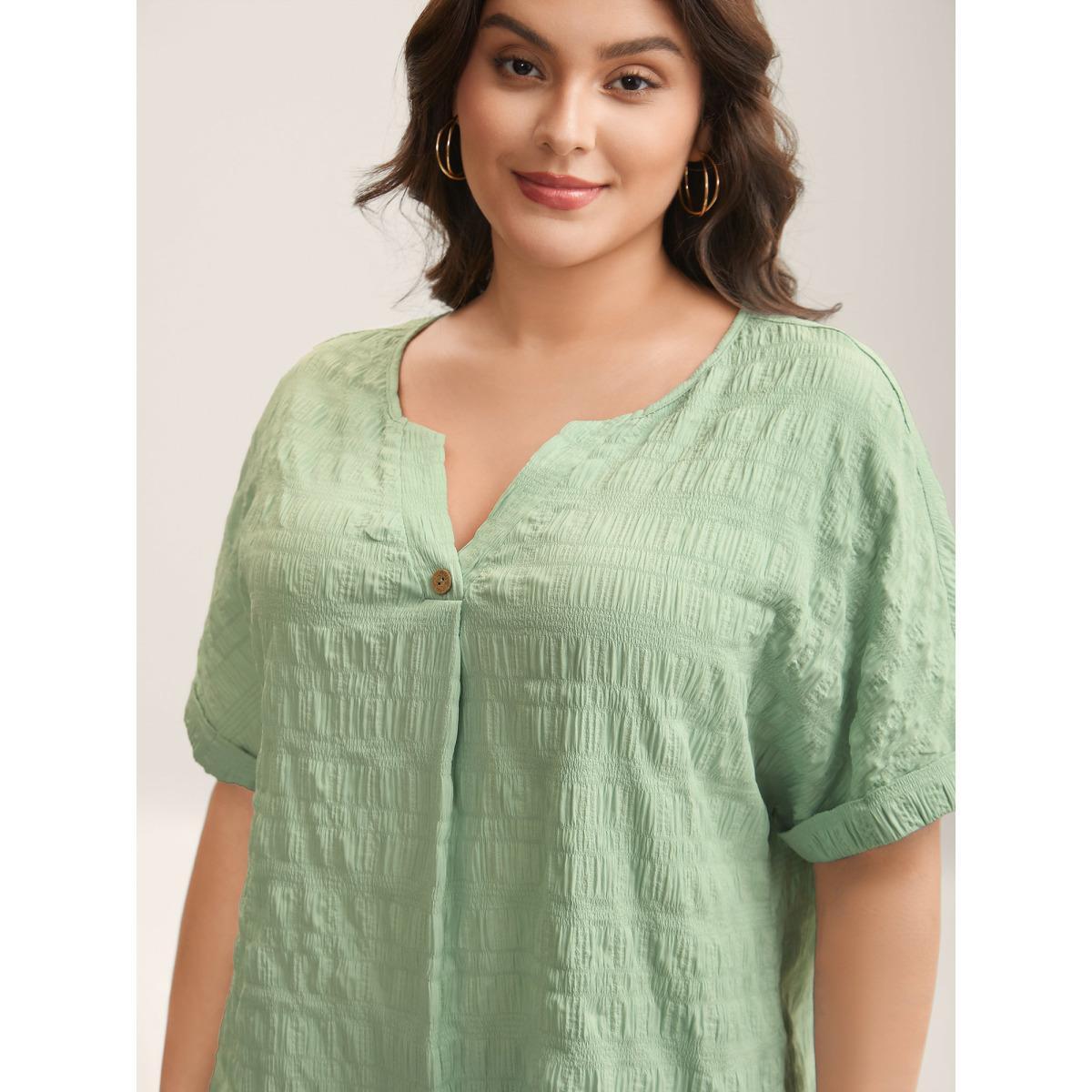 Plus Size Textured Pleated Front Button T-Shirt Greenbean Women Texture Flat collar with V-notch Everyday-Casual T-shirts BloomChic 14-16/1X Product Image