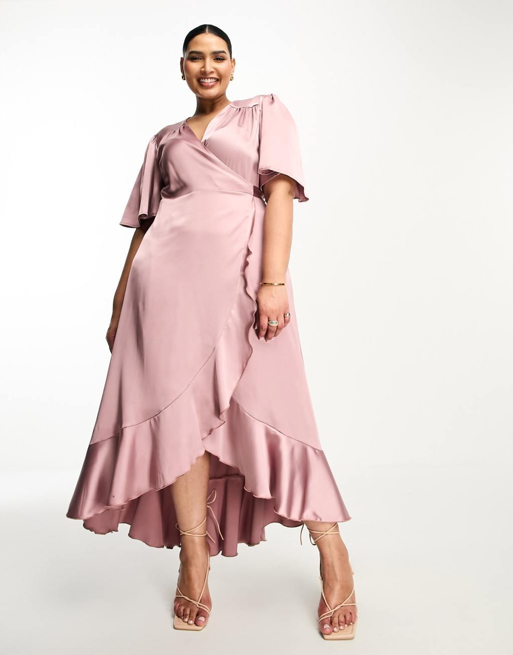 Flounce London Plus wrap front satin midi dress with flutter sleeves in heather rose Product Image