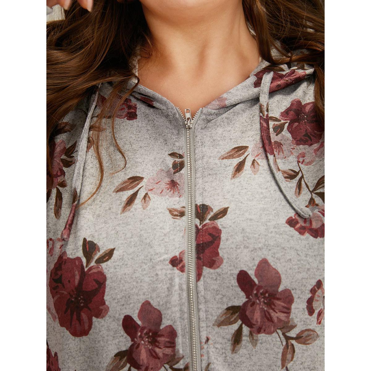 Plus Size Floral Print Pocket Drawstring Hooded Sweatshirt Women Gray Casual Printed Hooded Dailywear Sweatshirts BloomChic 22-24/3X Product Image
