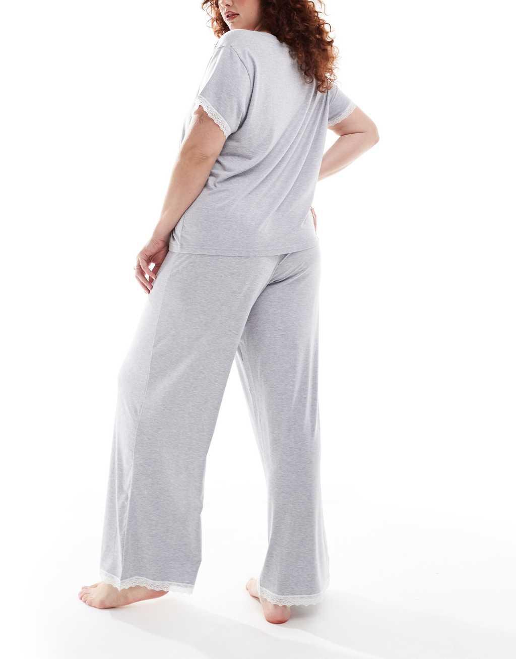 ASOS DESIGN Curve Exclusive super soft tee & pants pajama set in gray heather with lace trim  Product Image