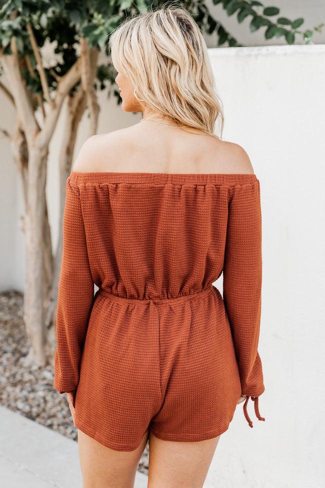 A Darling Day Rust Waffle Knit Off The Shoulder Romper FINAL SALE Product Image