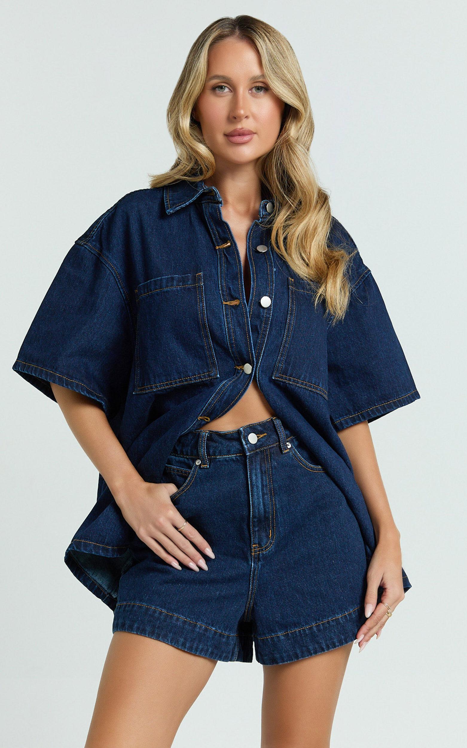 Rhianna Top - Oversized Recycled Denim Hardware Detail Short Sleeve Shirt in Indigo Wash Product Image