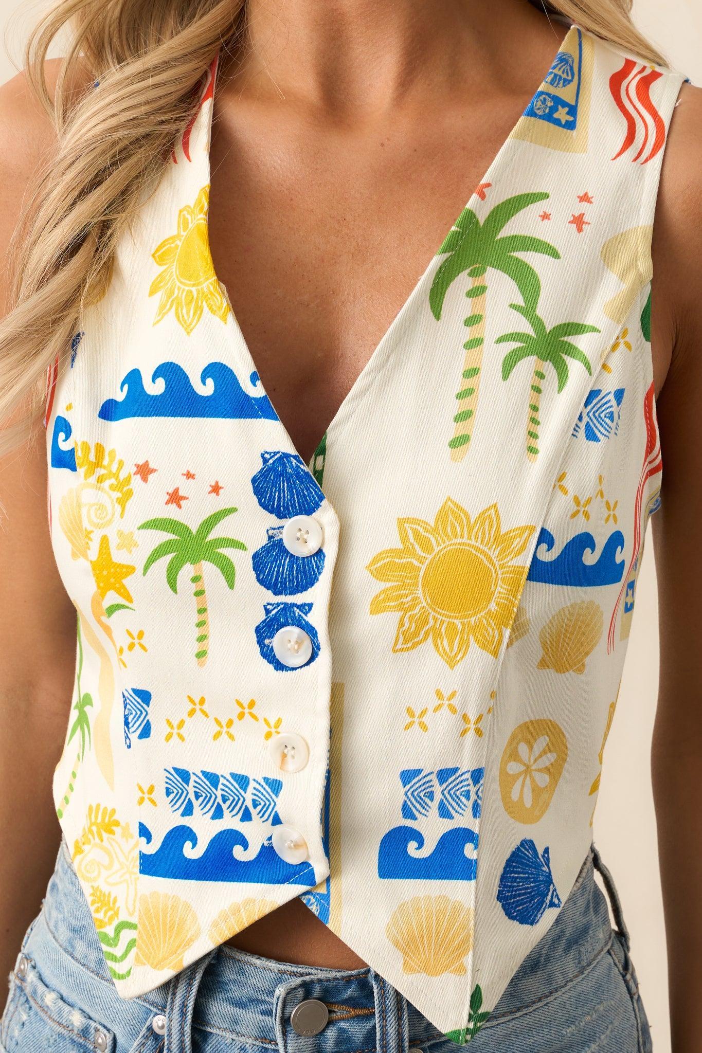 Lighten Up Ivory Tropical Print Button Front Waistcoat Top Product Image