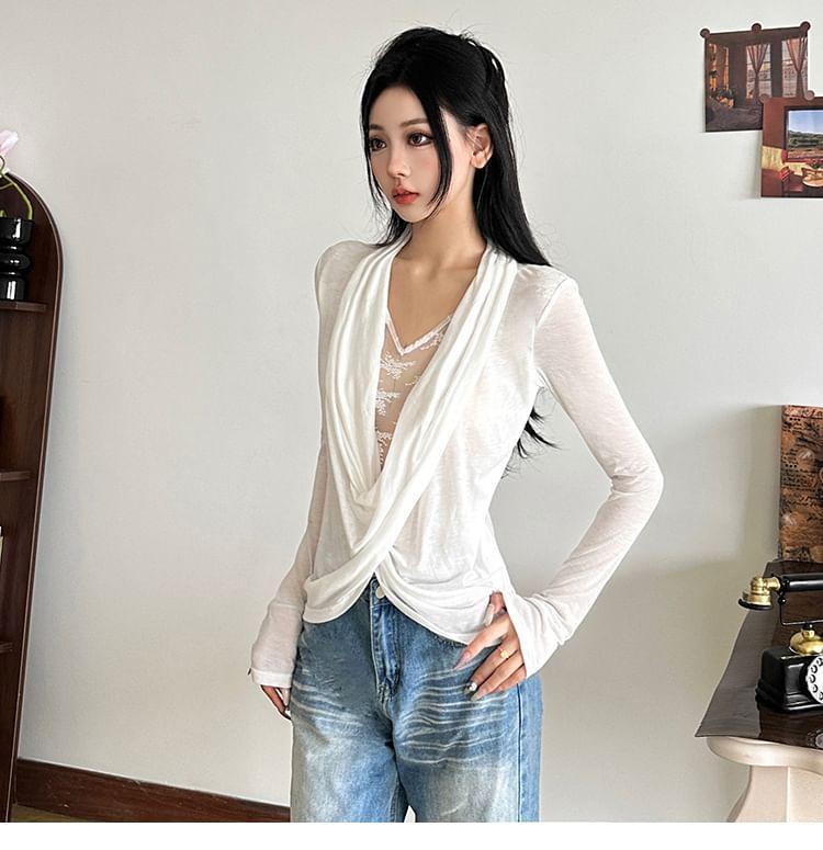 Long-Sleeve Plain Lace Panel T-Shirt Product Image