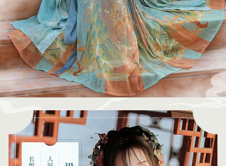 Set: Floral Embroidered Hanfu Maxi Dress + Long Light Jacket + Scarf + Fish Hanging Deco Product Image