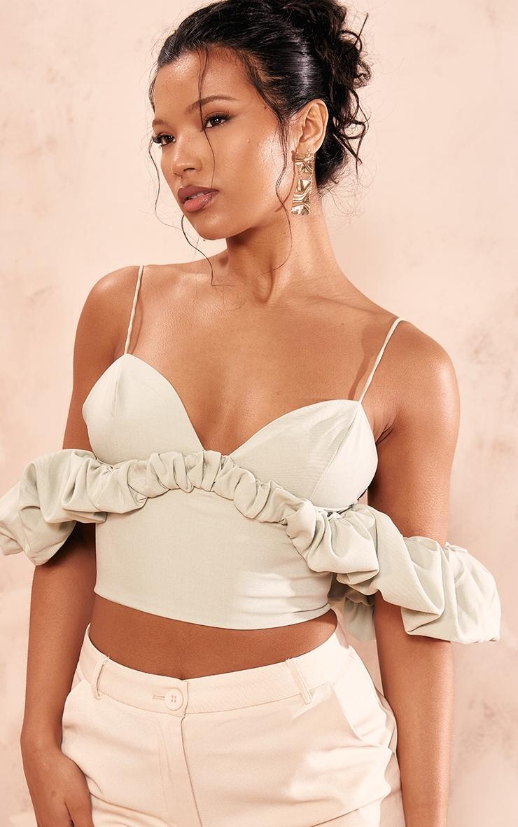 Sage Green Frill Bardot Sleeve Crop Top Product Image