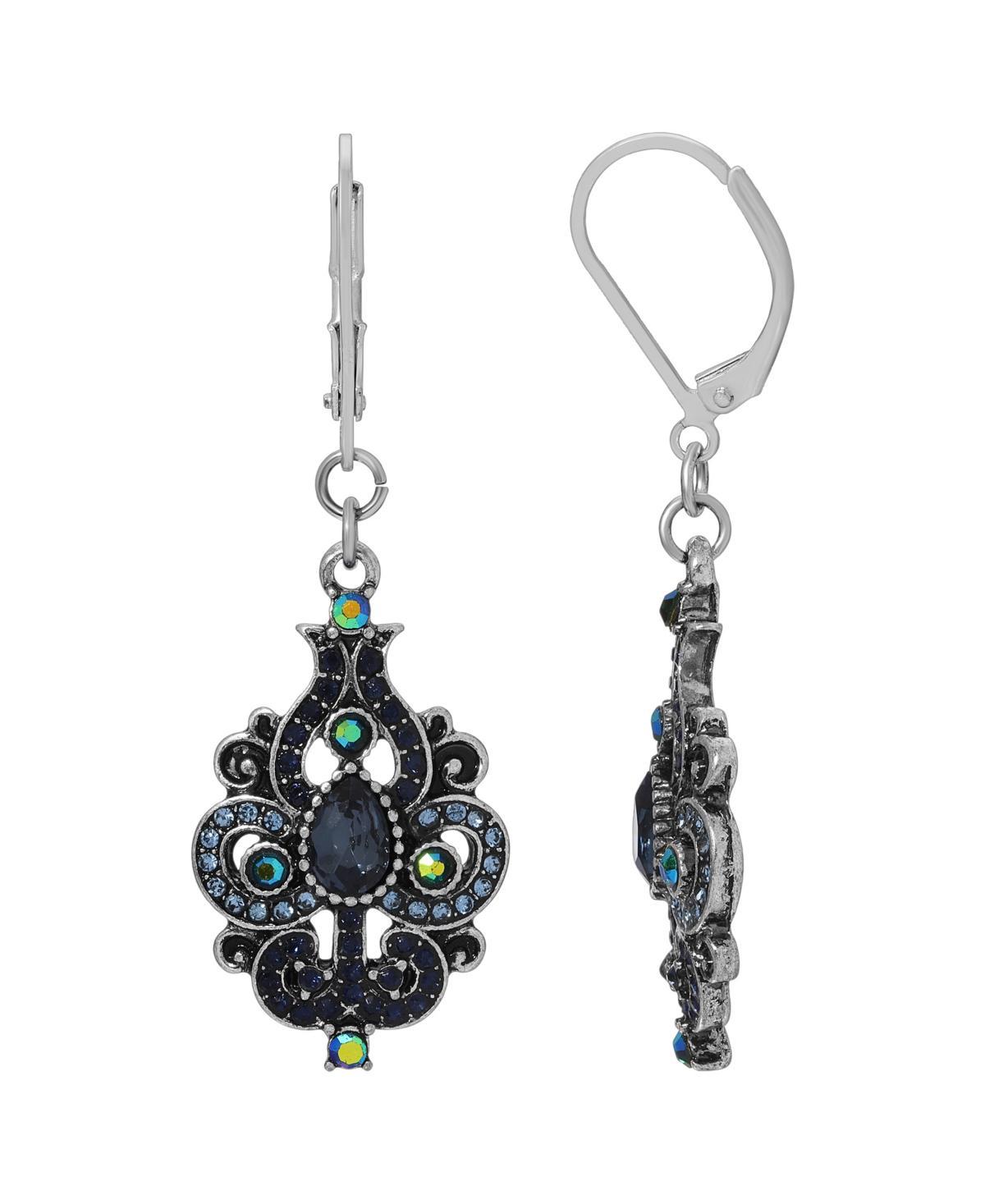 1928 Silver Tone Blue Aurora Borealis Crystal Oxidized Filigree Drop Earrings, Womens Product Image