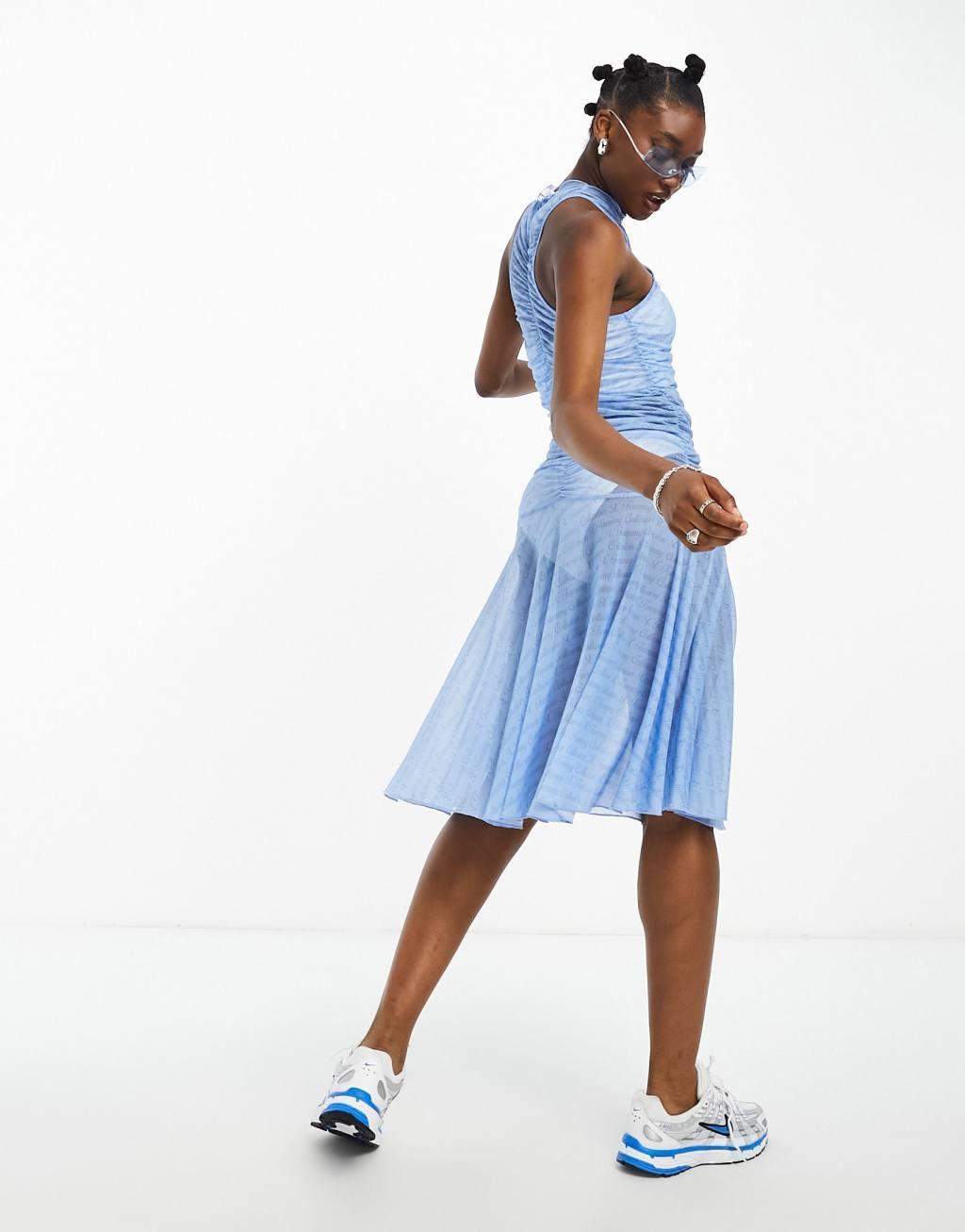 COLLUSION x TAMMY mesh pleated printed midi dress in blue Product Image