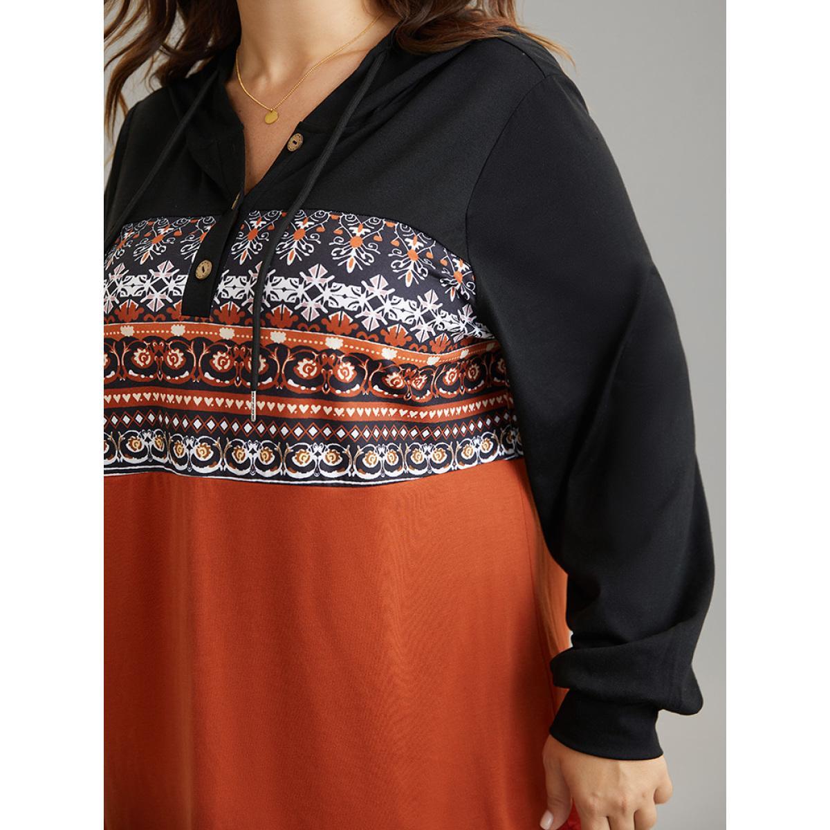 Plus Size Contrast Bandana Button Up Hooded T-shirt Multicolor Women Casual Contrast Bohemian Print Hooded Dailywear T-shirts BloomChic 10/M Product Image