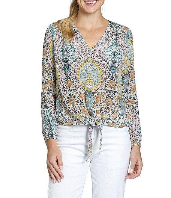 APNY Woven Printed V-Neck Long Sleeve Tie Front Top Product Image
