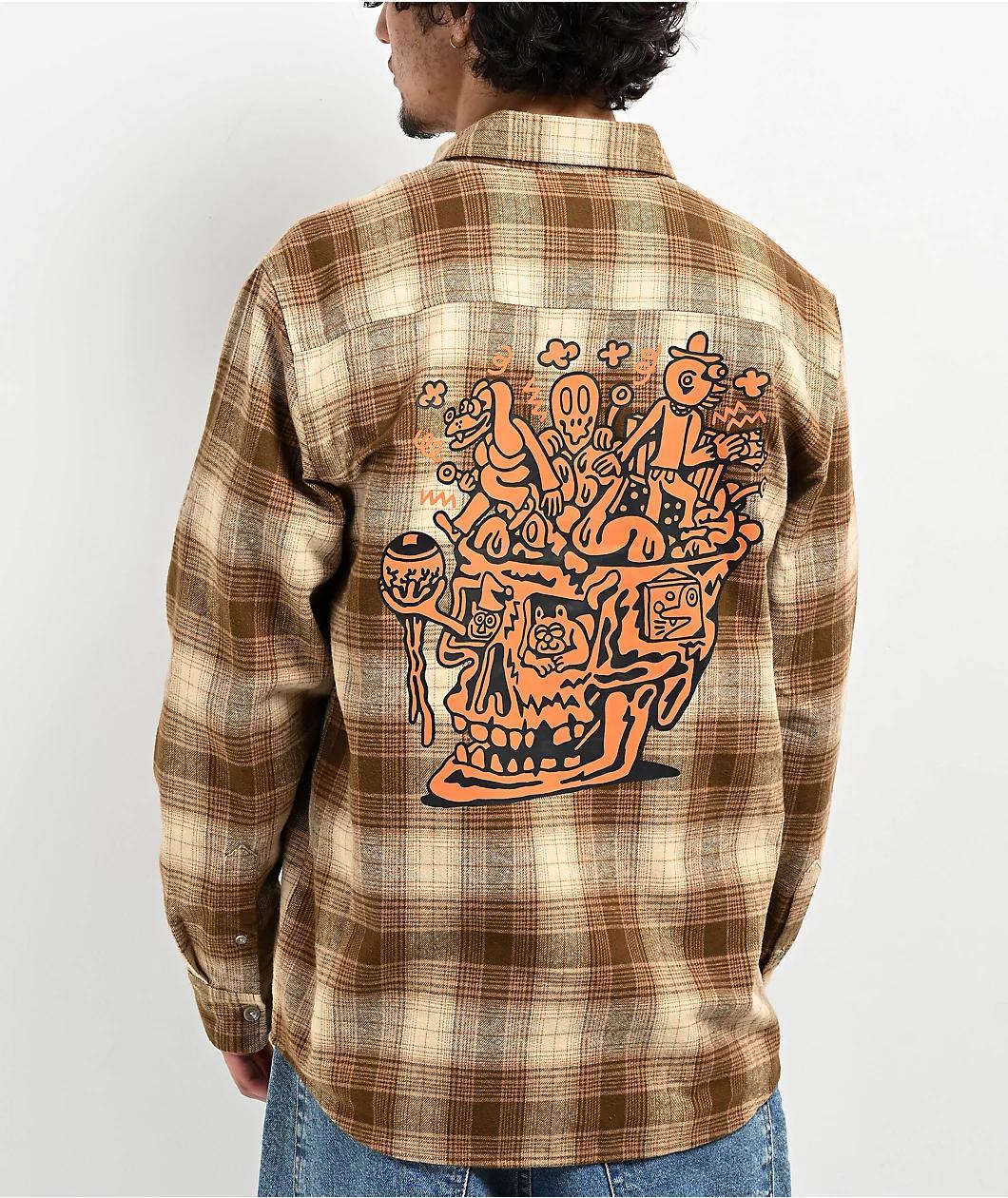 Killer Acid Skully Brown Plaid Long Sleeve Button Up Shirt Product Image