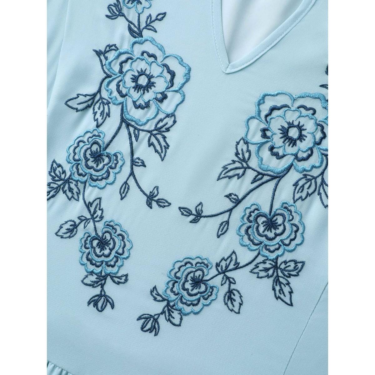 Plus Size Embroidered Sheer Chiffon Pockets Midi Dress LightBlue Women Notched collar Short sleeve Curvy BloomChic 22-24/3X Product Image