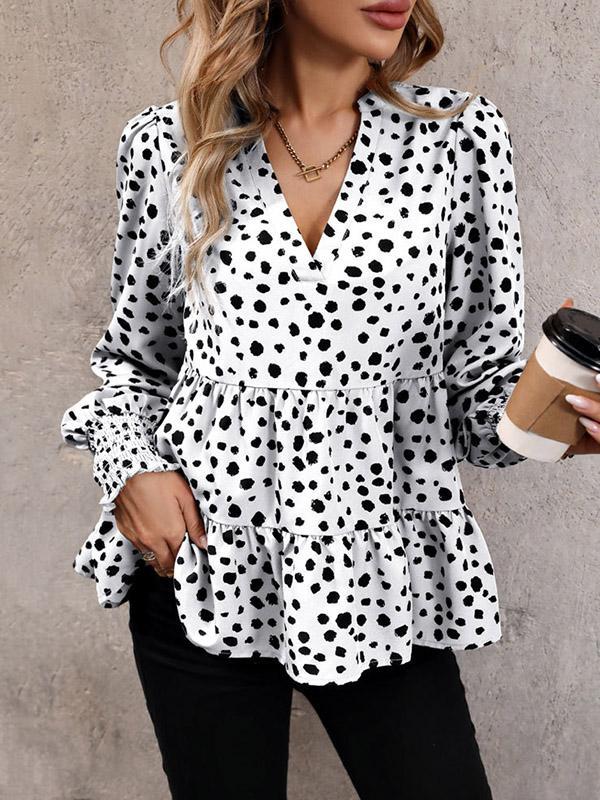 Long Sleeves Loose Elasticity Polka-Dot Split-Joint V-Neck Blouses&Shirts Tops Product Image