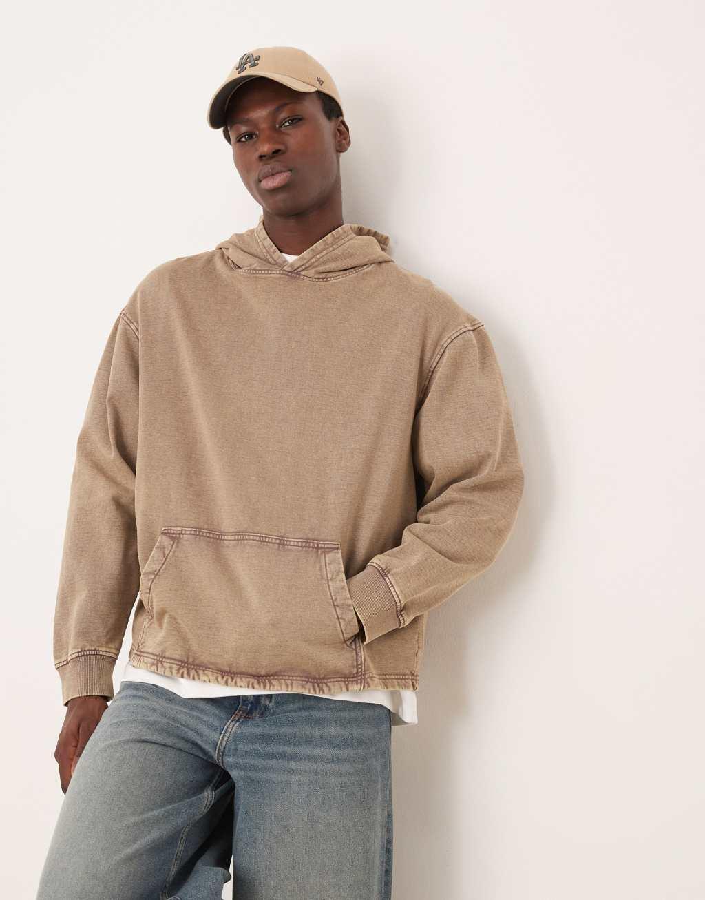 ASOS DESIGN oversized hoodie with cut and sew detail in washed brown Product Image