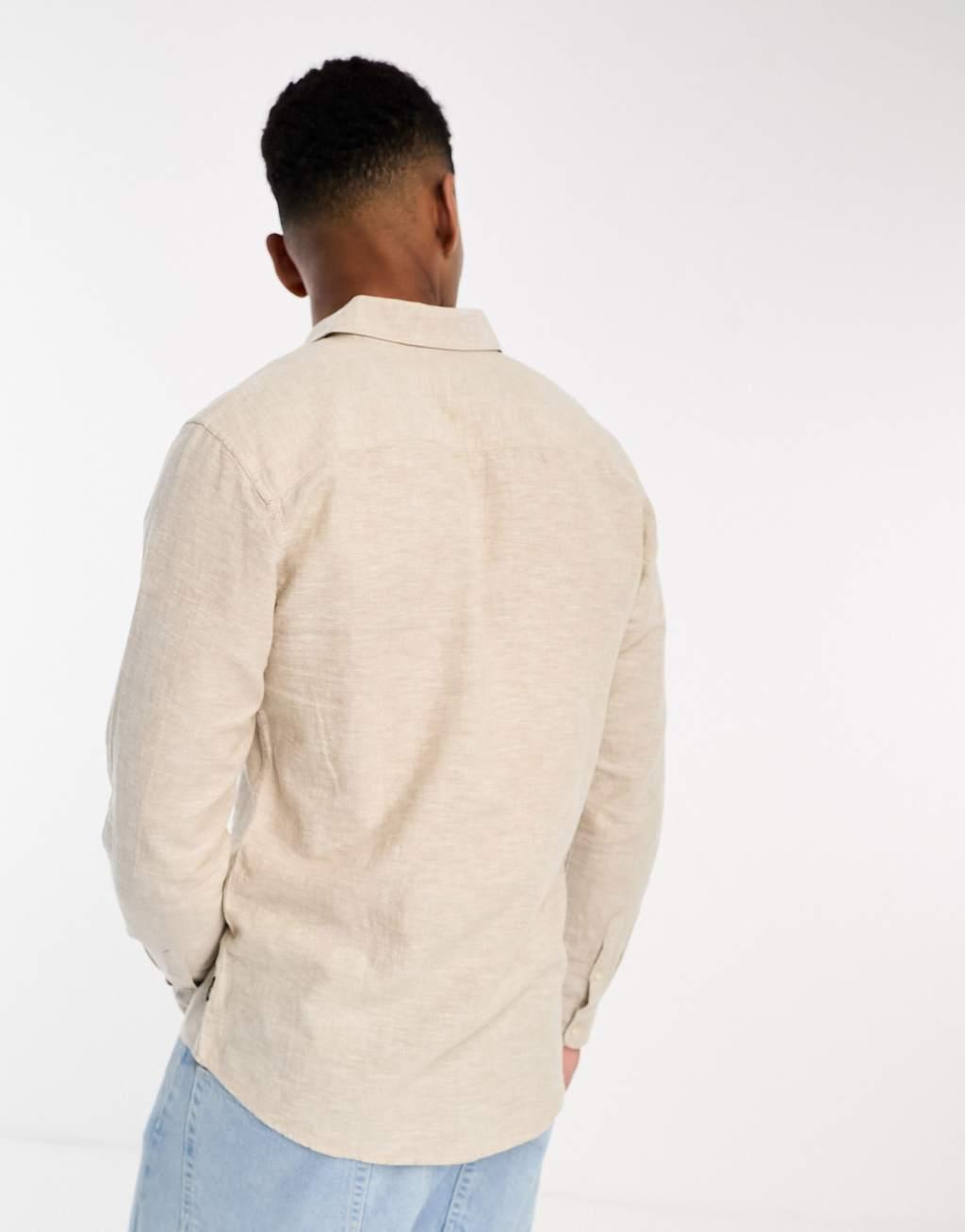 Only & Sons linen mix long sleeve shirt in beige Product Image