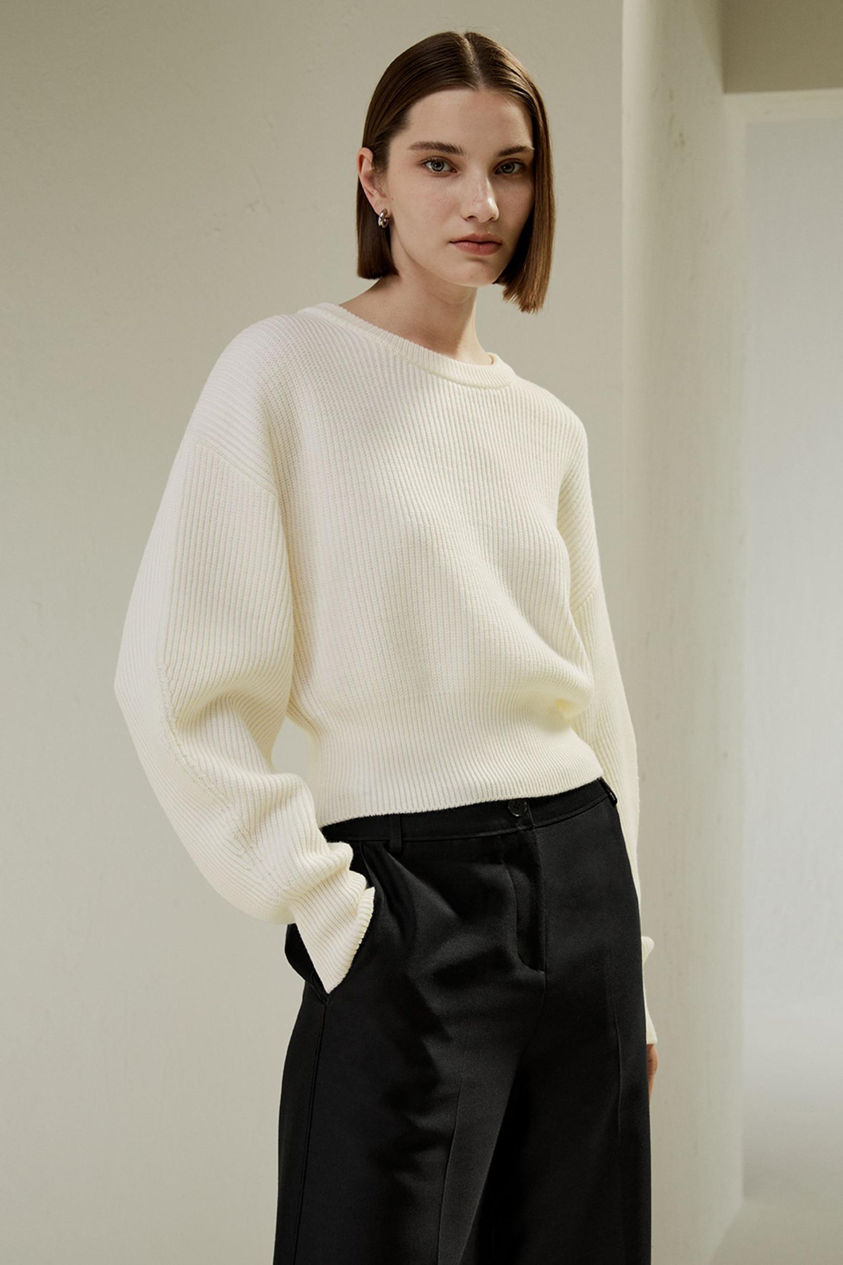 Round Neck Drop-Shoulder Merino Wool Sweater Product Image