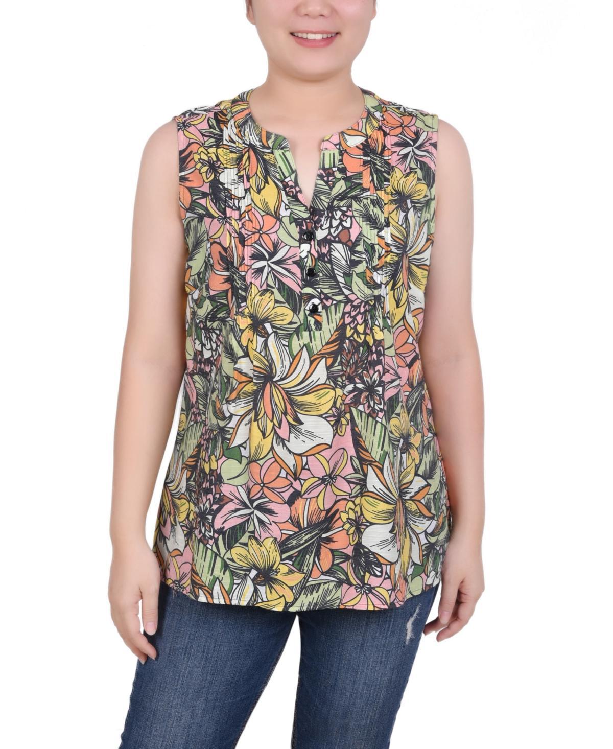 Ny Collection Petite Sleeveless Printed Pintucked Blouse Product Image