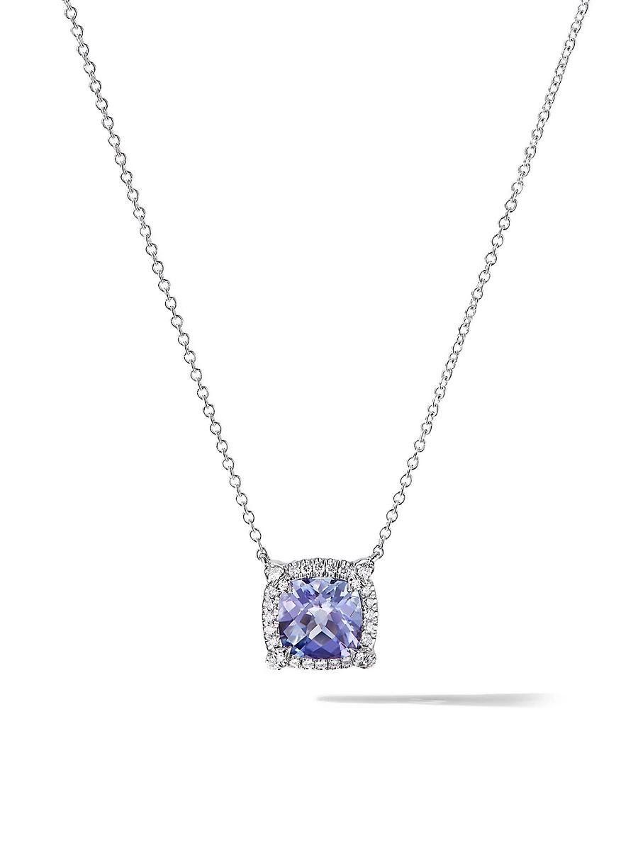 Womens Petite Chatelaine Pav Bezel Pendant Necklace in 18K White Gold with Tanzanite and Diamonds Product Image