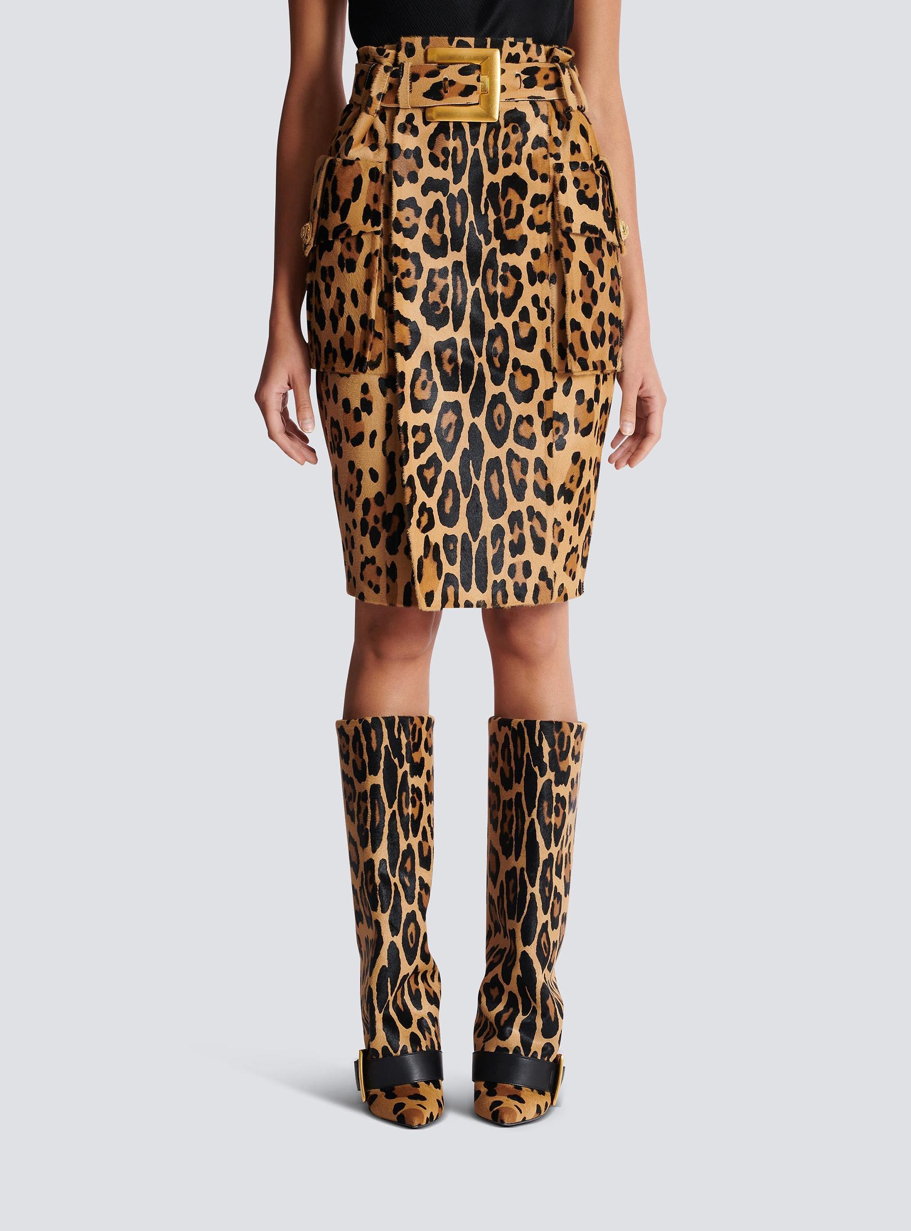 Ponyskin-style leather midi skirt with leopard pattern Product Image
