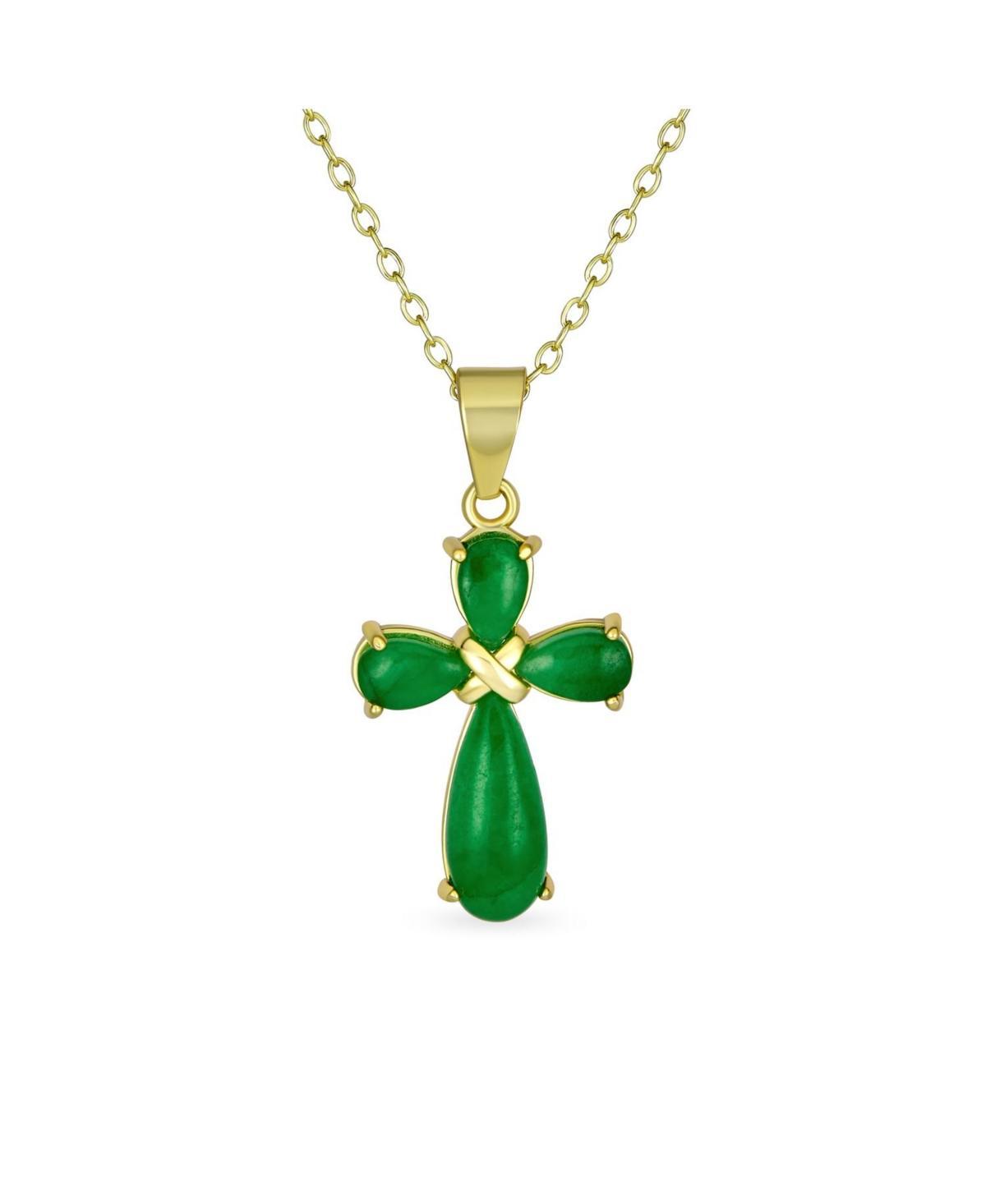 Bling Jewelry Small Timeless Fashion Cabochons Natural Green Jade Cross Pendant Necklace For Women Gold Plated .925 Sterling Silver With Chain - Multi Product Image