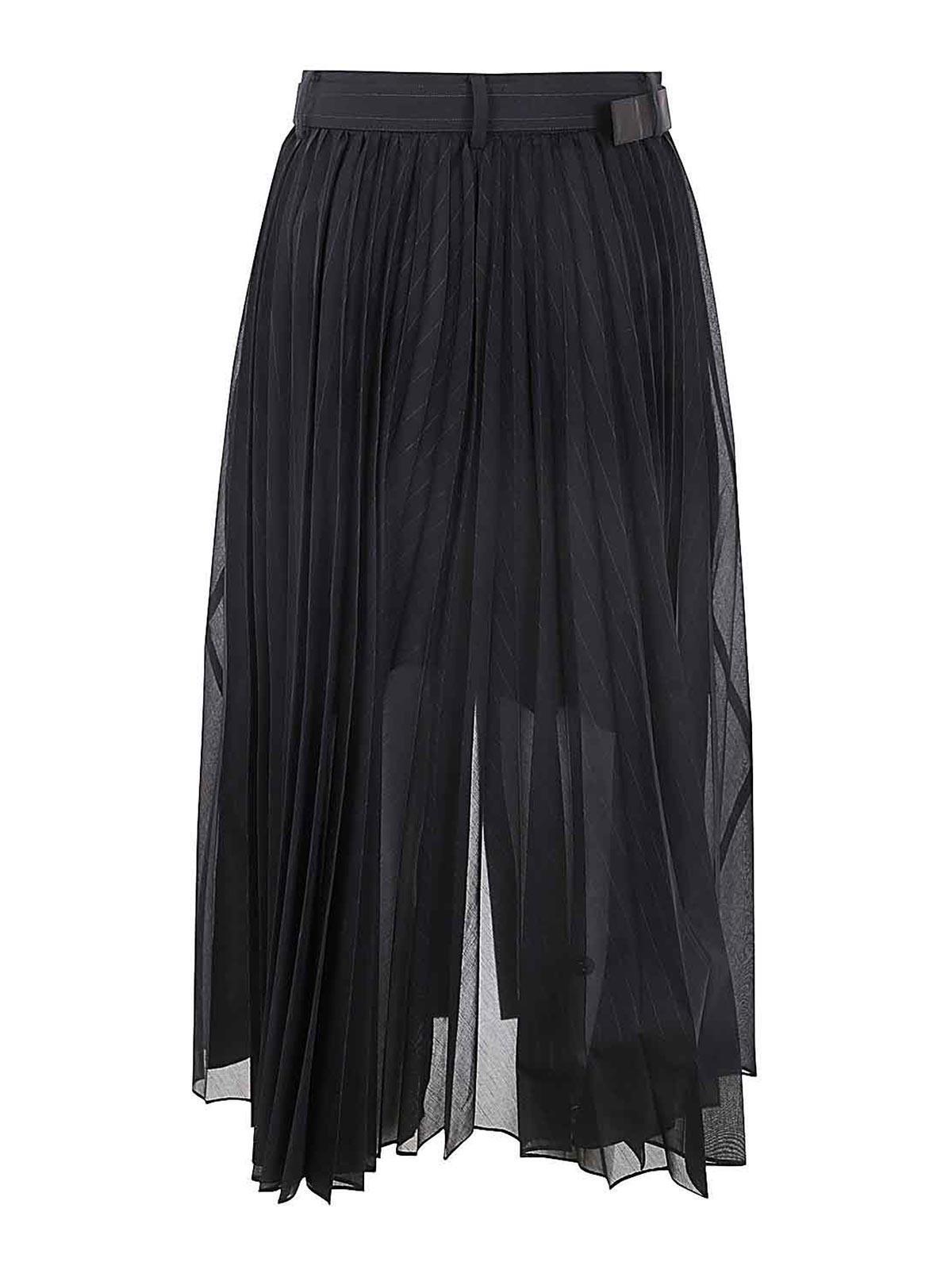 SACAI Pleated Sheer Chalk Stripe Belted Midi Skirt In Blue Product Image