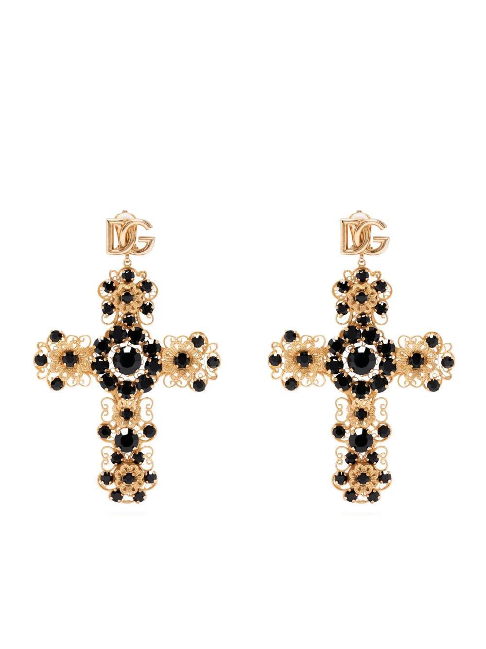 DOLCE & GABBANA Rhinestone-embellished Cross Pendant Earrings In Gold Product Image