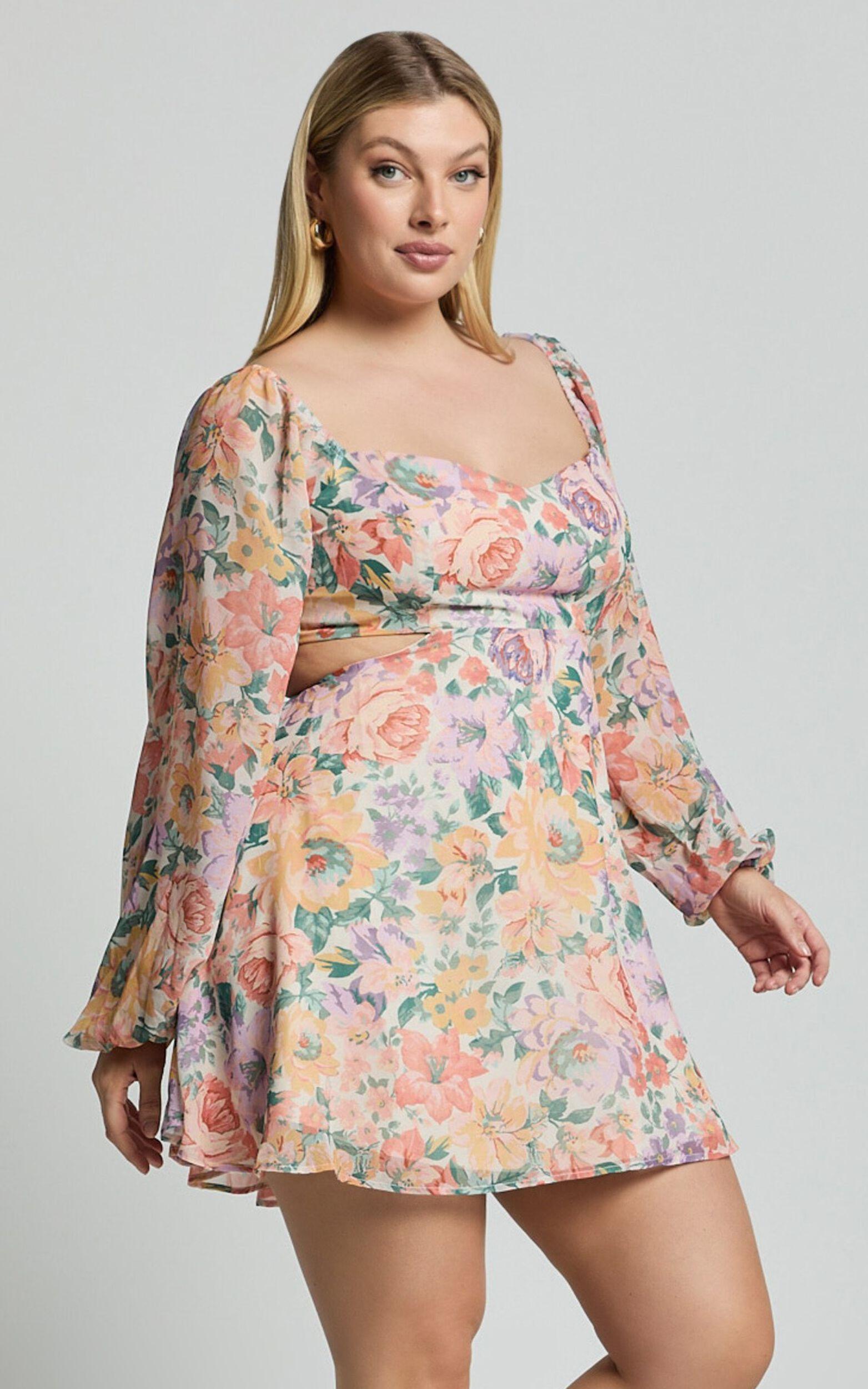 Ebonee Mini Dress - Puff Sleeve Cut Out Dress in Flower Crown Product Image