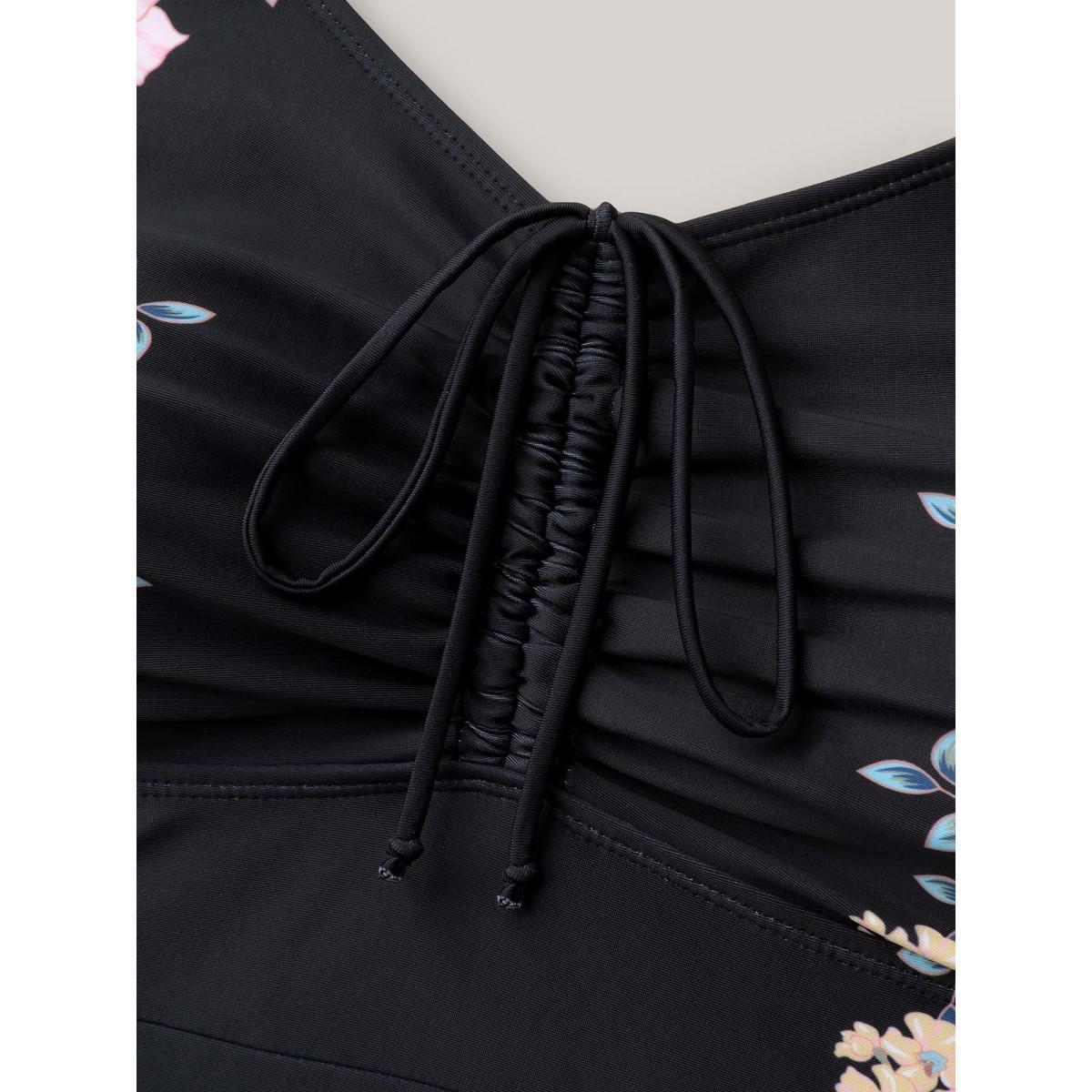 Plus Size Floral Print Drawstring One-Piece Swimsuit Women's Swimwear Black Resort Drawstring Curve Bathing Suits High stretch One Pieces BloomChic 30/6X Product Image