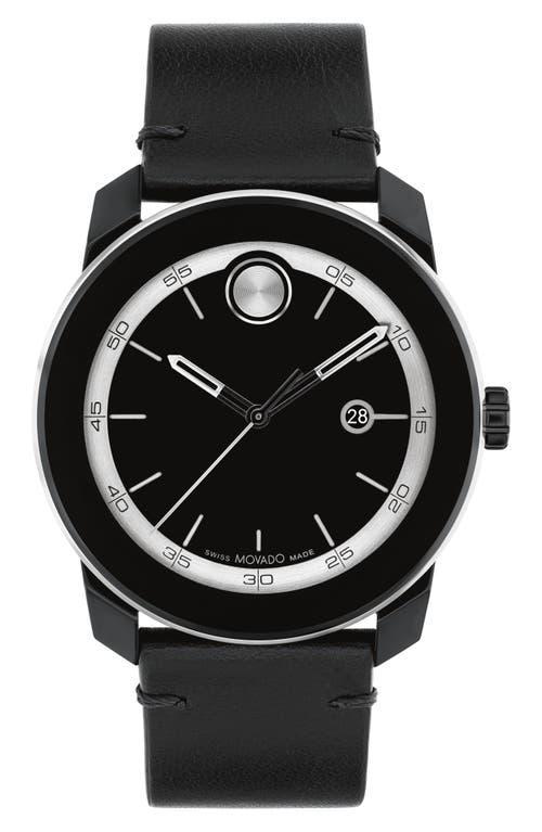 Movado Bold Mens TR90 Quartz Analog Silver Detail Black Leather Strap Watch Product Image