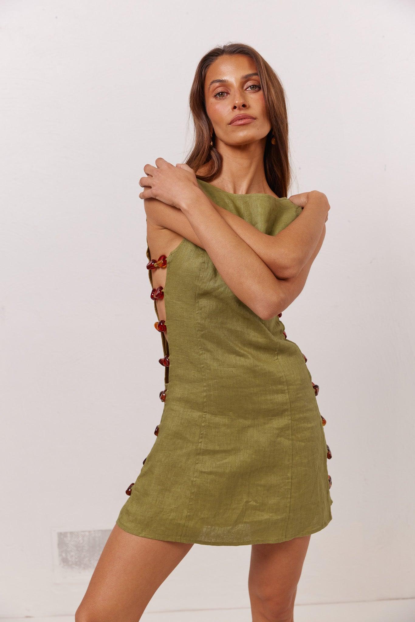 Tia Linen Mini Dress Olive Product Image