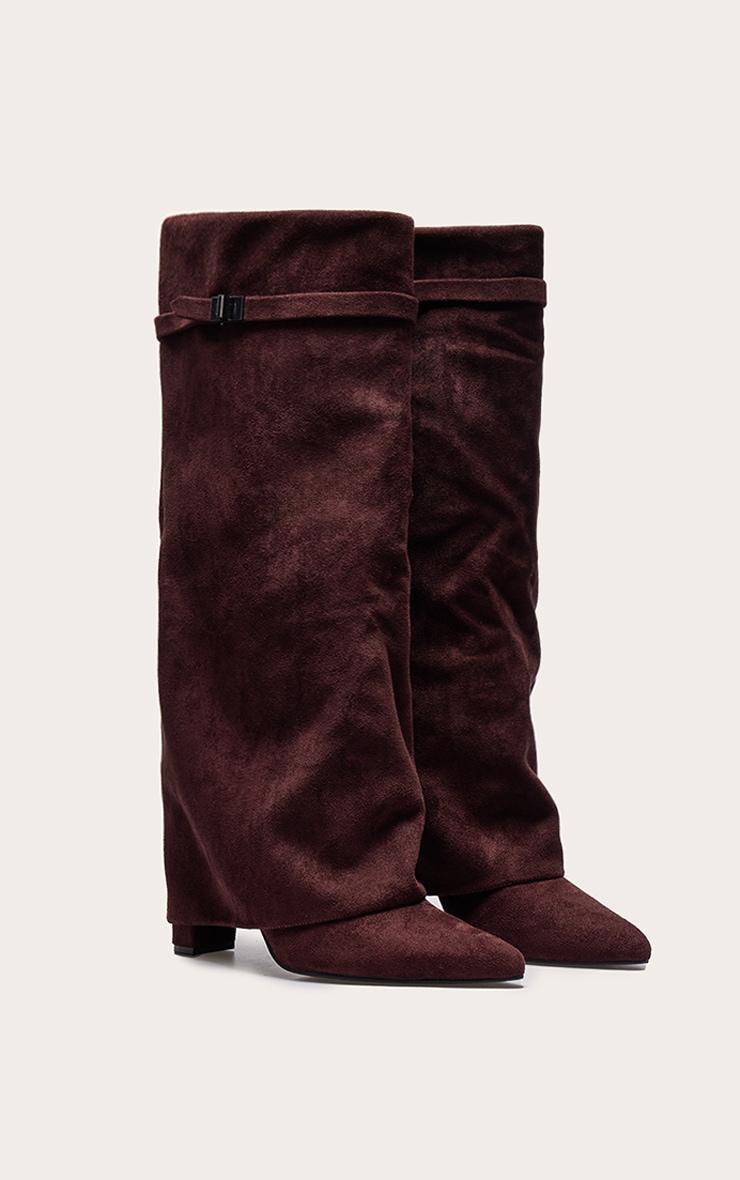 Chocolate Faux Suede Point Toe Fold Over Knee Block Heeled Boots Product Image