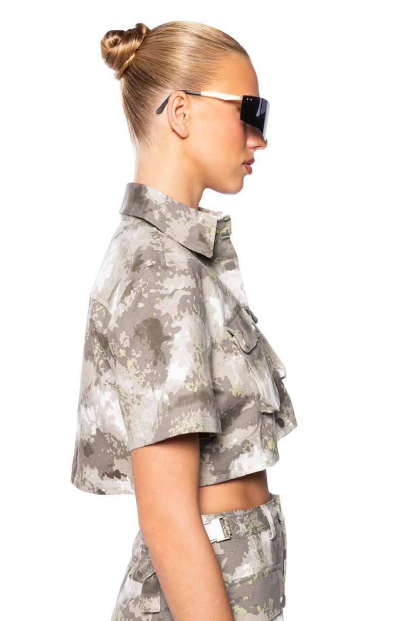 RUN THE WORLD CAMO CROPPED BUTTON DOWN Product Image