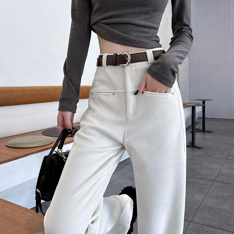 High Rise Plain Fleece-Lined Corduroy Wide Leg Pants Product Image