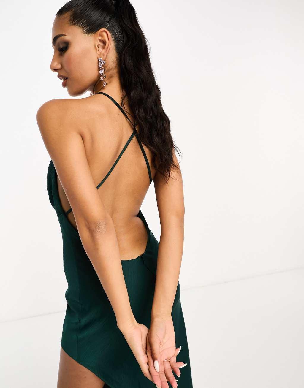 ASOS DESIGN satin racer midi dress with side split in green Product Image