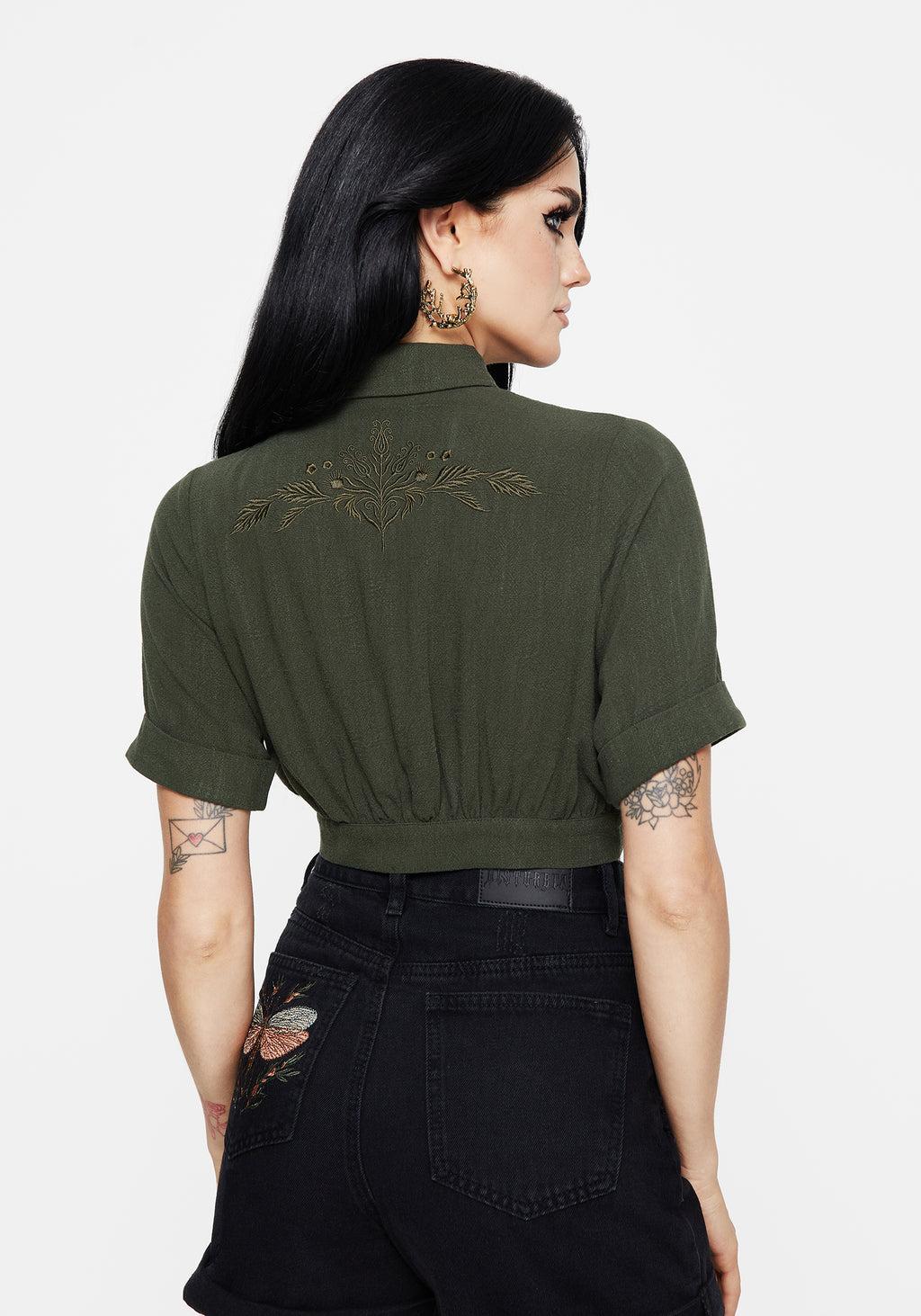 Foliate Linen-Blend Embroidered Short Sleeve Crop Shirt - Green Product Image