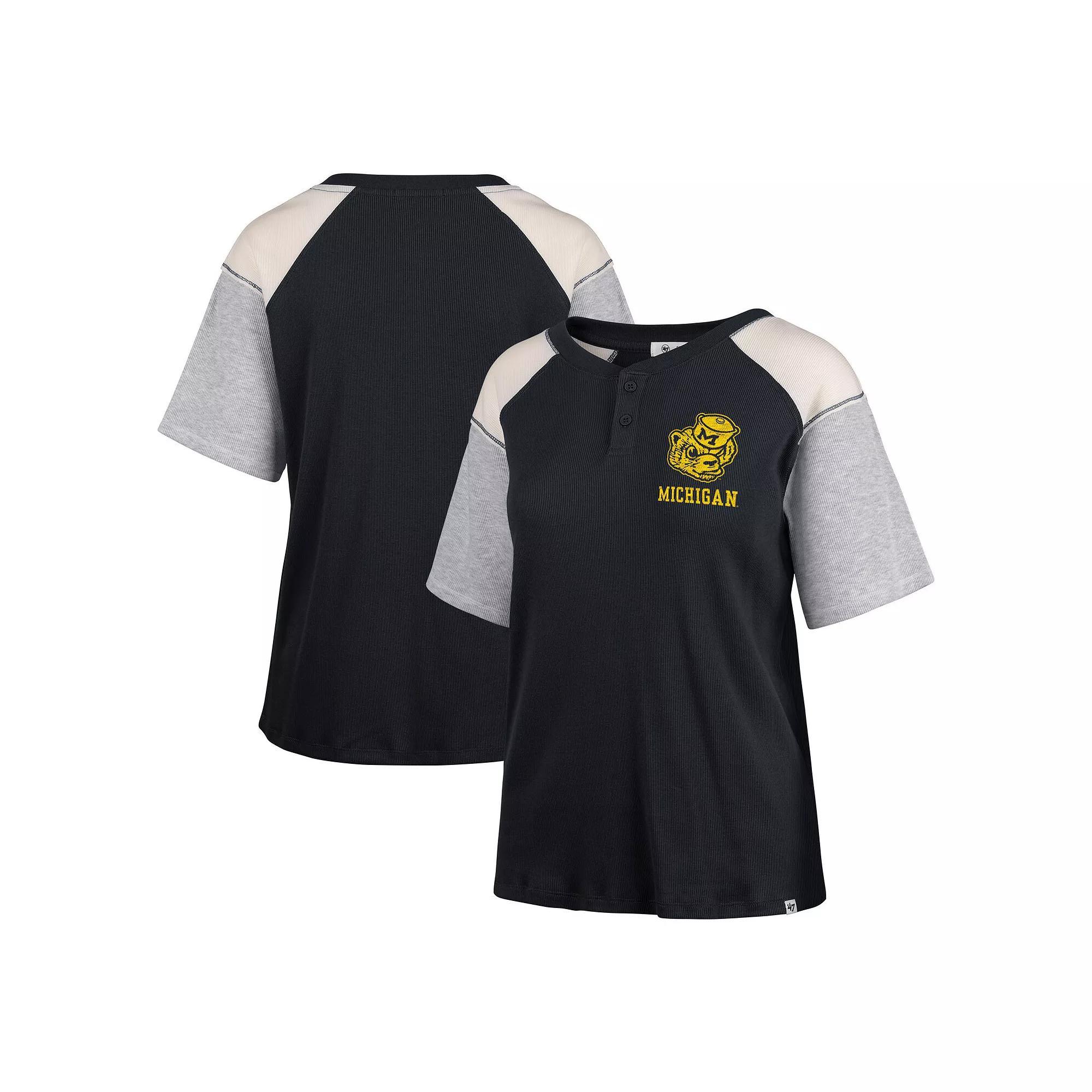Women's '47 Black Notre Dame Fighting Irish Underline Harvey Colorblock Raglan Henley T-Shirt,  Product Image