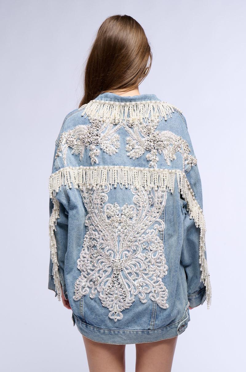 SHOW STOPPER PEARL EMBELLISHED DENIM JACKET Product Image