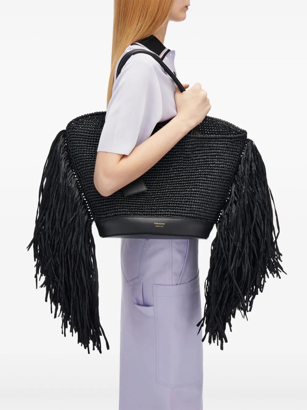 FERRAGAMO Fringed Raffia Tote Bag In Nero Product Image