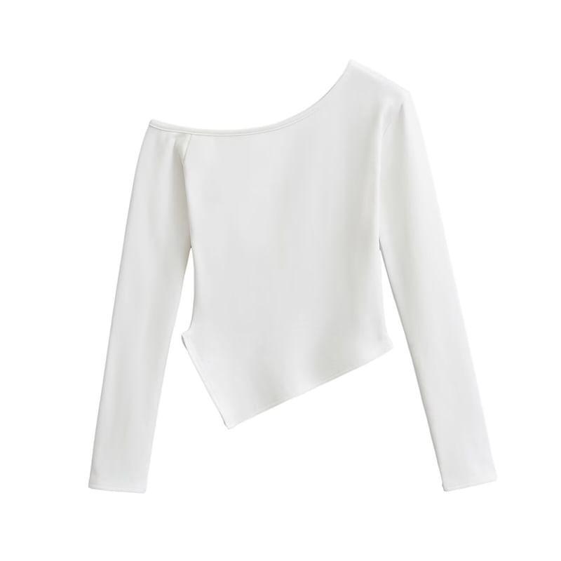 Long Sleeve One Shoulder Plain Asymmetrical Tee Product Image