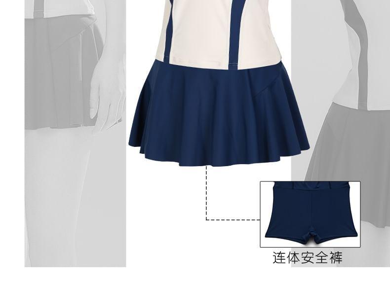 Set: Short-Sleeve Color Block Swim Top + Swim Skirt Product Image