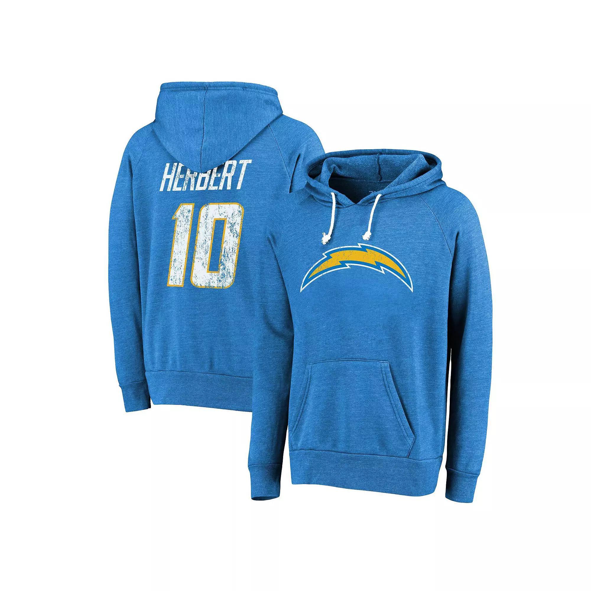 Men's Majestic Threads Justin Herbert Powder Blue Los Angeles Chargers Name & Number Tri-Blend Pullover Hoodie,  Product Image