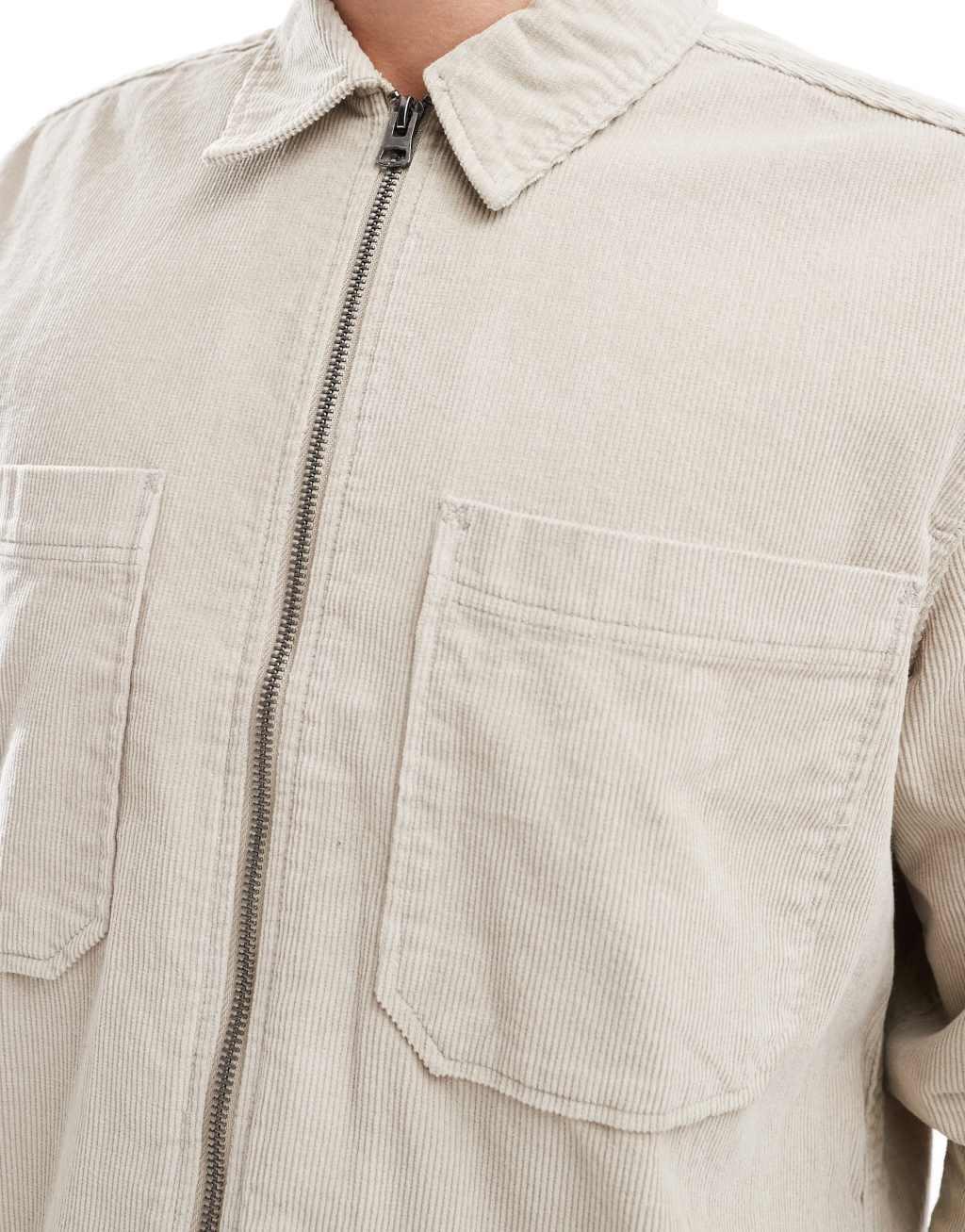 ONLY & SONS zip through cord overshirt in stone Product Image