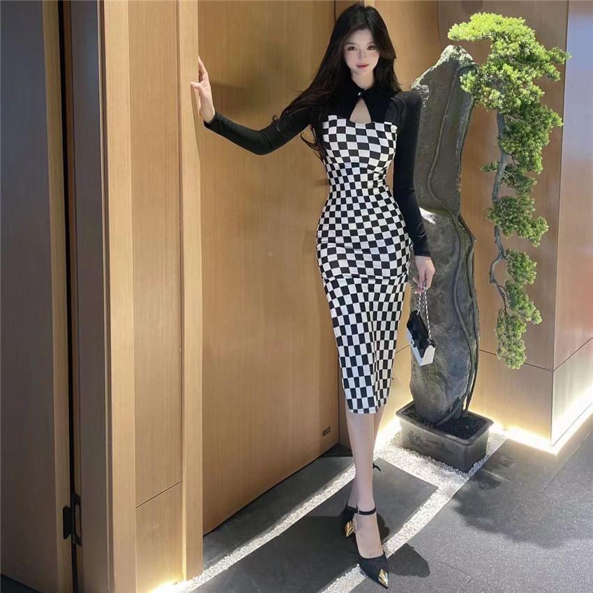 Long-Sleeve Stand Collar Checkerboard Cutout Slit Midi Bodycon Dress Product Image