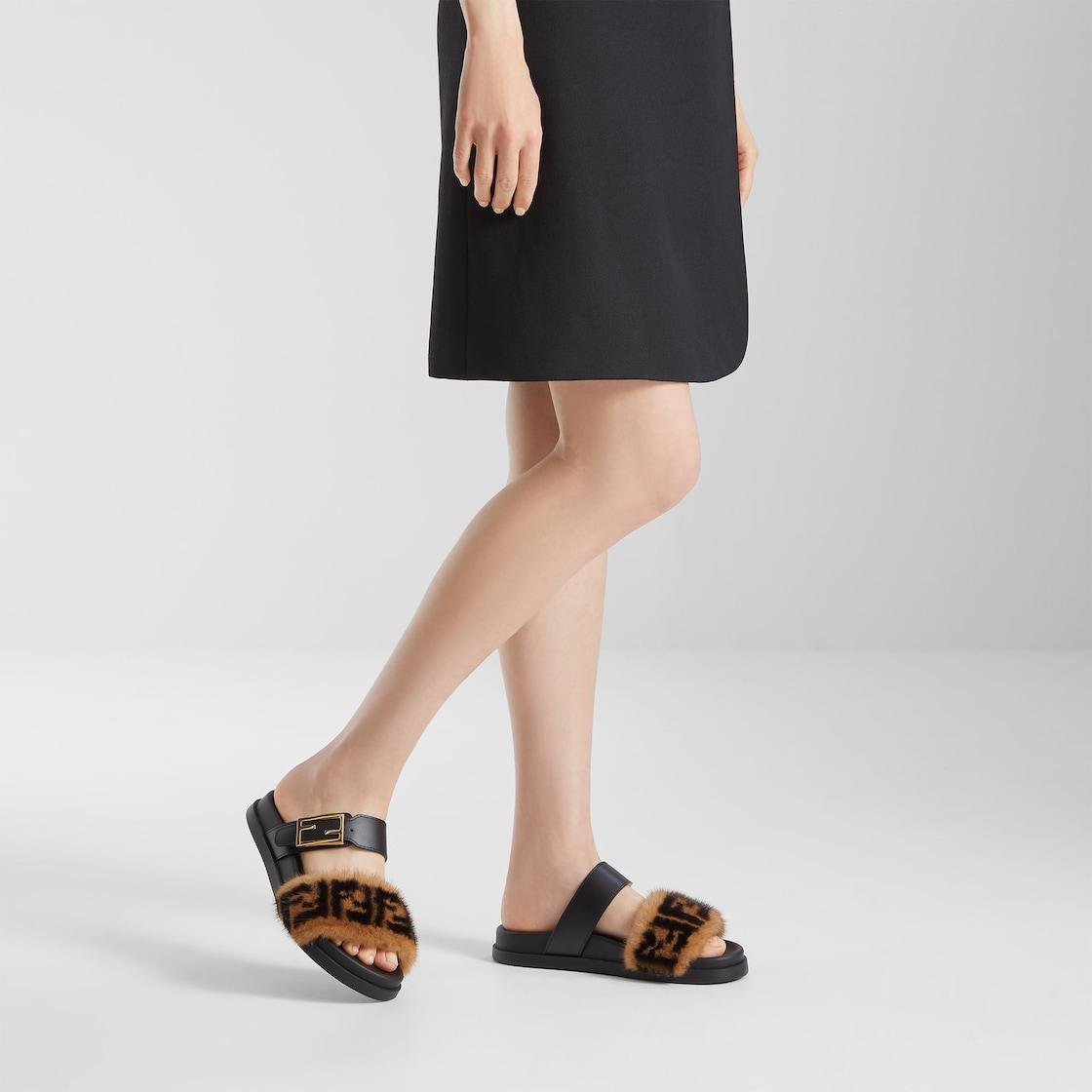Fendi FeelBlack leather and mink FF slides Product Image
