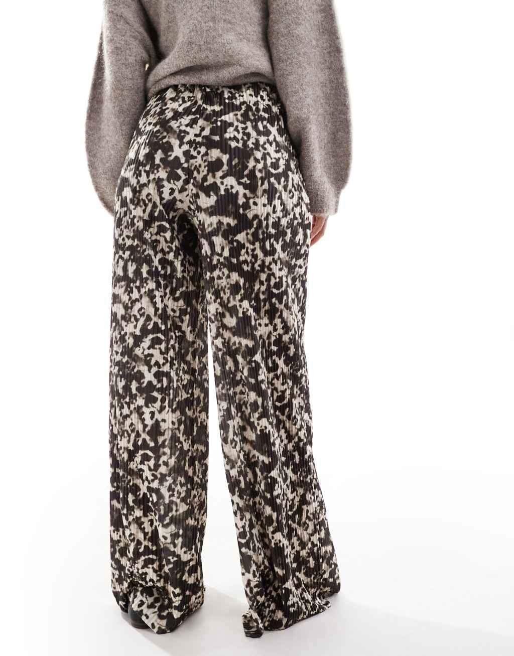 ASOS DESIGN plisse wide leg pants in blurred animal Product Image