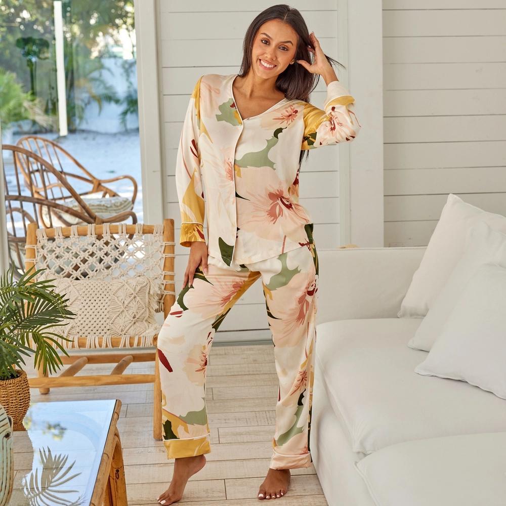 ADR Women's Pajamas Lounge Set, Long Sleeve Top and Pants with Pockets, Viscose Pjs Floral Flowers Product Image