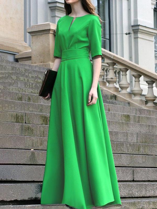 Half Sleeves High Waisted Solid Color Tied Waist V-Neck Maxi Dresses Product Image
